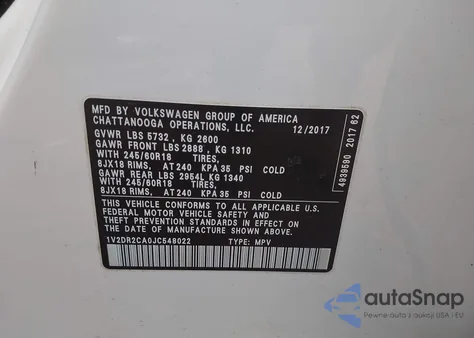 2018 Volkswagen Atlas 3.6L V6 Se/3.6L V6 Se W/Technology from USA, damaged, VIN 1V2DR2CA0JC548022